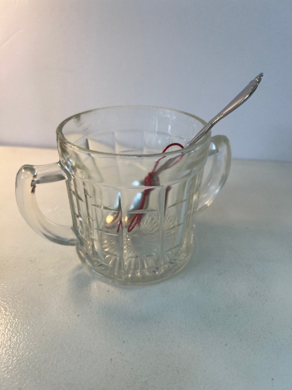 Vintage Hazel Atlas Open Colonial Block Sugar Dish w/Oneida Spoon